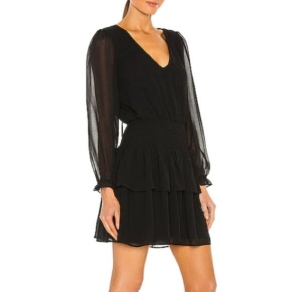 1.STATE (Revolve) RICH BLACK SMOCKED LONG SLEEVE RUFFLE MINI SWIRL DRESS XS - Picture 3 of 13